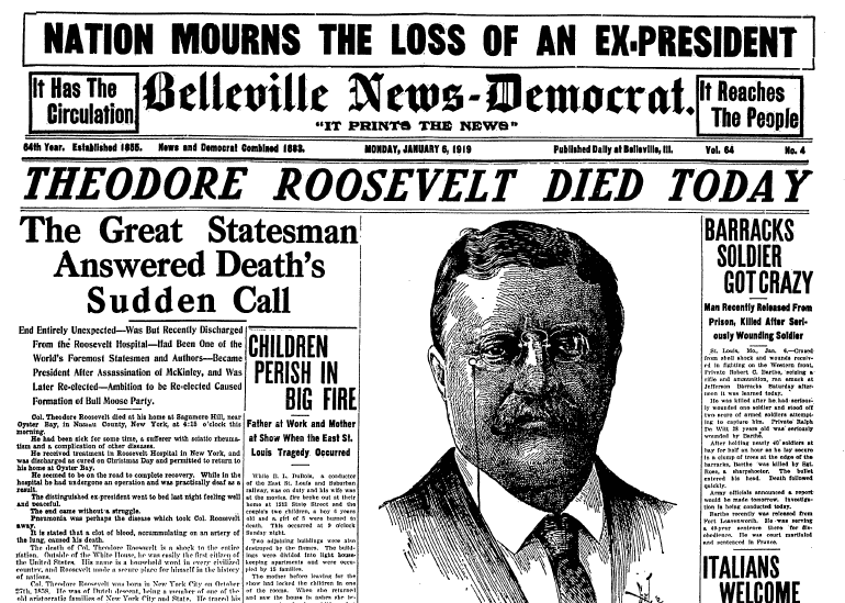 belleville-news-democrat-newspaper-0106-1919-theodore-roosevelt-death article about the death of Theodore Roosevelt, Belleville News Democrat newspaper article 6 January 1919