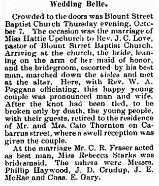 gazette-newspaper-1030-1897-upchurch-love-wedding-notice wedding notice for J. C. Love and Hattie Upchurch, Gazette newspaper article 30 October 1897