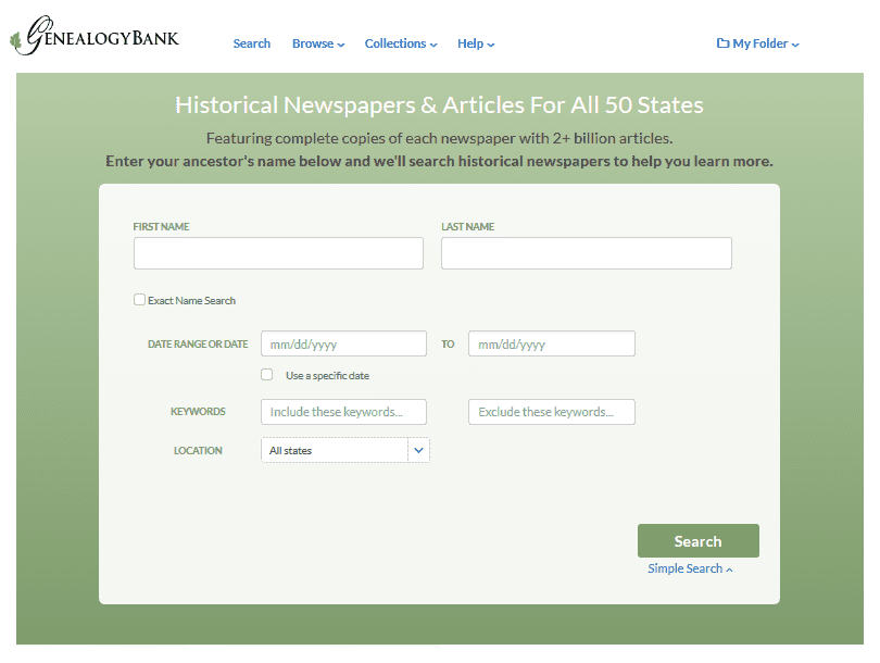 A screenshot of GenealogyBank's home page