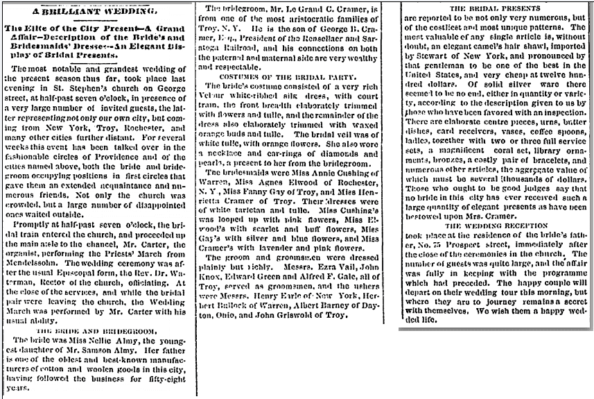 providence-evening-press-newspaper-1117-1871-cramer-alby-wedding-notice wedding notice for Le Grand C. Cramer and Nellie Almy, Providence Evening Press newspaper article 17 November 1871