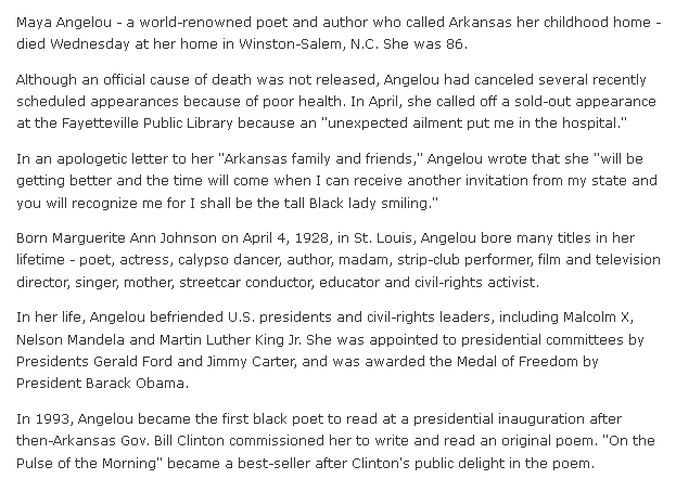 arkansas-democrat-gazette-newspaper-0529-2014-maya-angelou-obituary obituary for Maya Angelou, Arkansas Democrat-Gazette newspaper article 29 May 2014