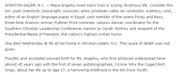 blade-newspaper-0529-2014-maya-angelou-obituary obituary for Maya Angelou, Blade newspaper article 29 May 2014