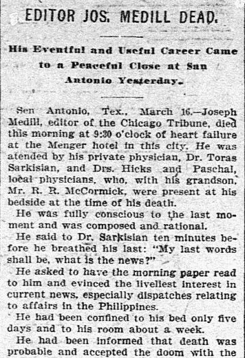 dallas-morning-news-newspaper-0317-1899-joseph-medill-obituary obituary for Joseph Medill, Dallas Morning News newspaper article 17 March 1899
