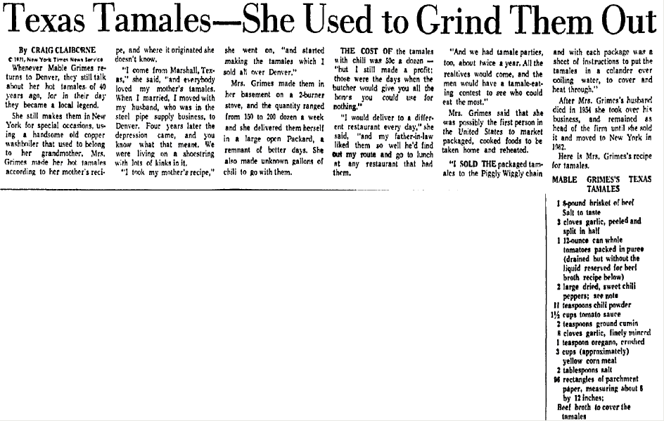 dallas-morning-news-newspaper-0527-1971-tamales-recipe article about Mable Grimes and her Texas tamales, Dallas Morning News newspaper article 27 May 1971