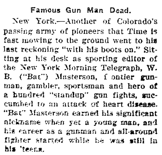 estrella-newspaper-1105-1921-bat-masterson-obituary obituary for Bat Masterson, Estrella newspaper article 5 November 1921