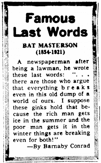 greensboro-record-newspaper-0930-1964-bat-masterson-last-words Bat Masterson's last words, Greensboro Record newspaper article 30 September 1964