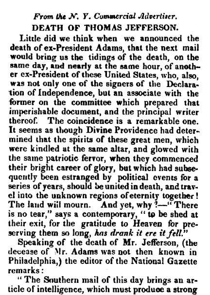 hampshire-gazette-newspaper-0712-1826-thomas-jefferson-obituary Death of Thomas Jefferson, Hampshire Gazette newspaper article 12 July 1826