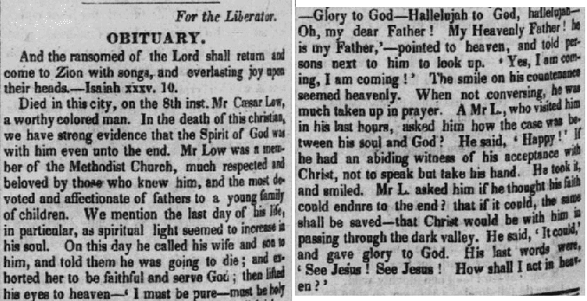 liberator-newspaper-1029-1831-caesar-low-obituary obituary for Caesar Low, Liberator newspaper article 29 October 1831