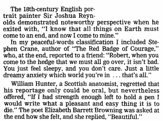 oregonian-newspaper-0928-1986-last-words article about some famous people's last words, Oregonian newspaper article 28 September 1986