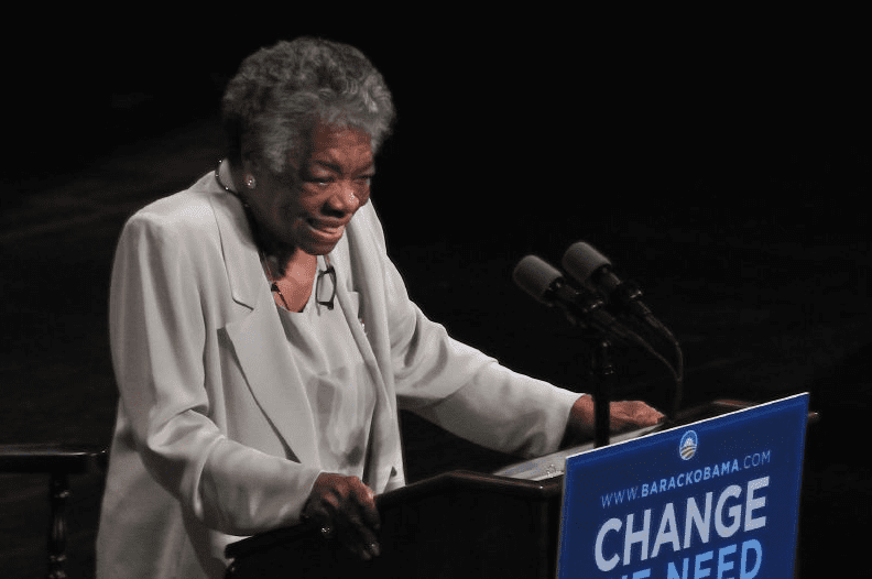 photo-0226-2015-maya-angelou-campaign-speech photo of Maya Angelou giving a speech during the Barack Obama 2008 presidential campaign, 18 September 2008