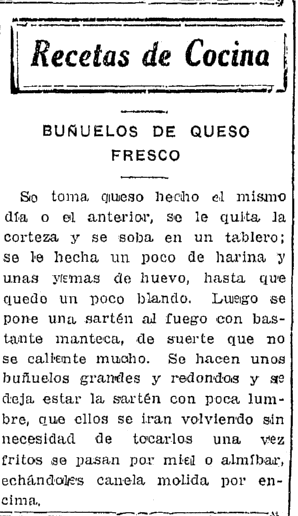 prensa-newspaper-1228-1925-recetas-de-cocina recipe for Buñuelos de Queso Fresco, Prensa newspaper article 28 December 1925