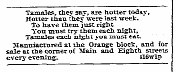 riverside-independent-enterprise-newspaper-0924-1893-tamales-poem tamales for sale ad featuring a poem about tamales, Riverside Independent Enterprise newspaper advertisement 24 September 1893