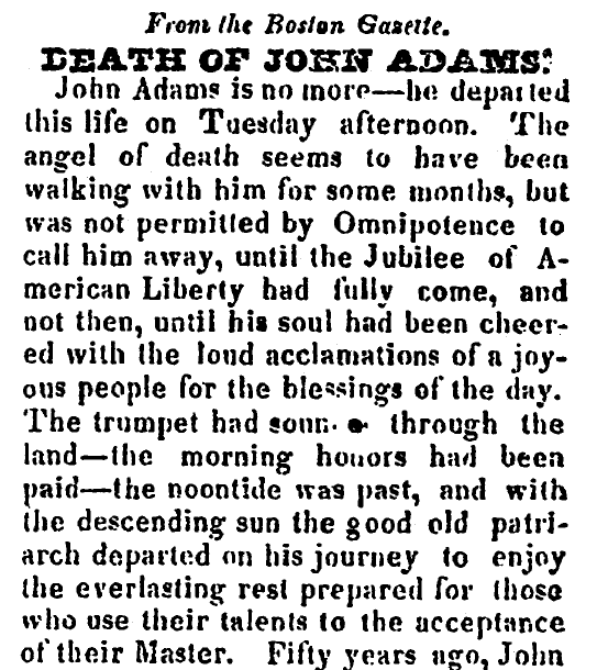 salem-observer-newspaper-0708-1826-john-adams-obituary Death of John Adams, Salem Observer newspaper article 8 July 1826