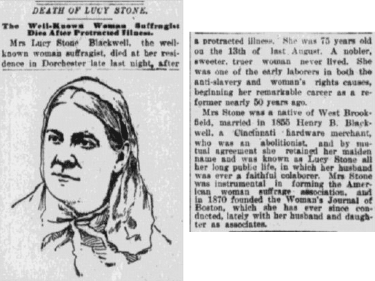 springfield-republican-newspaper-1019-1893-lucy-stone-obituary obituary for Lucy Stone, Springfield Republican newspaper article 19 October 1893