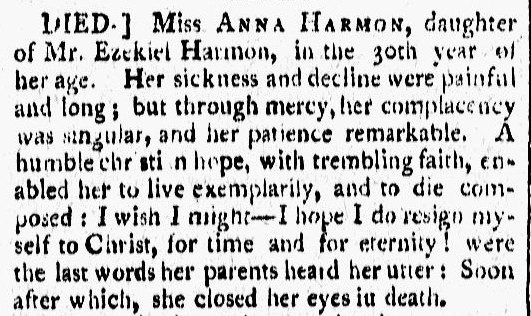 vermont-gazette-newspaper-0124-1804-anna-harmon-obituary obituary for Anna Harmon, Vermont Gazette newspaper article 24 January 1804