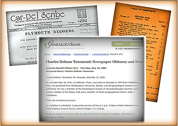 collage-0304-2015-charles-townsend-obituary a collage of genealogical records including the obituary for Charles Townsend