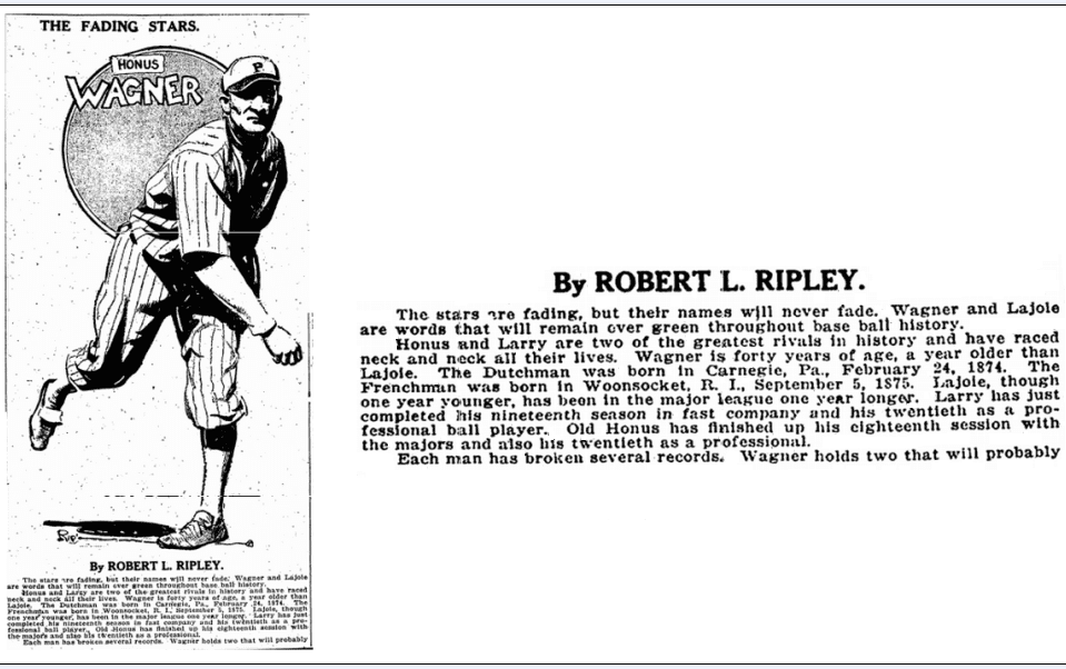 evening-star-newspaper-1018-1914-wagner-lajoie article by Robert Ripley about Honus Wagner and Larry Lajoie, Evening Star newspaper article 18 October 1914