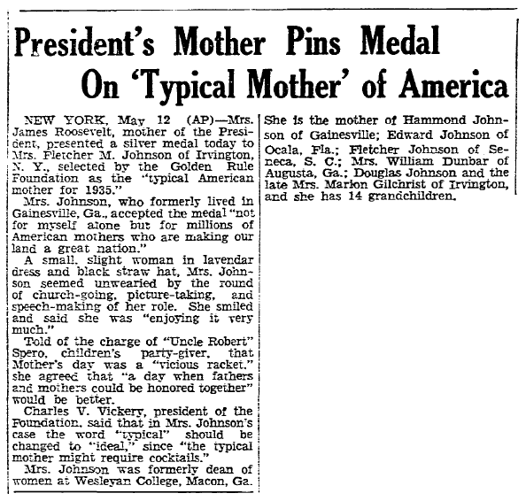 boston-herald-newspaper-0513-1935-johnson-mother-award article about Mother of the Year Lucy Keen Johnson, Boston Herald newspaper article 13 May 1935