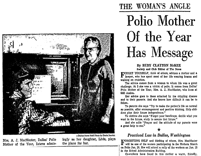 dallas-morning-news-newspaper-0102-1958-macmaster-mother-of-year article about 1958 Dallas Polio Mother of the Year Mrs. A. J. MacMaster, Dallas Morning News newspaper article 2 January 1958