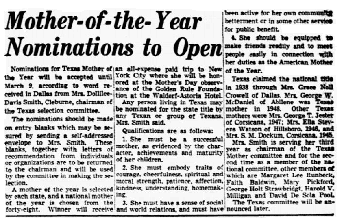 dallas-morning-news-newspaper-0116-1949-mother-of-year article about nominations for the Texas Mother of the Year award, Dallas Morning News newspaper article 16 January 1949