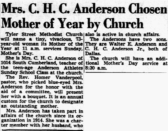dallas-morning-news-newspaper-0507-1949-anderson-mother-of-year article about 1949 Mother of the Year Mrs. C. H. C. Anderson, Dallas Morning News newspaper article 7 May 1949