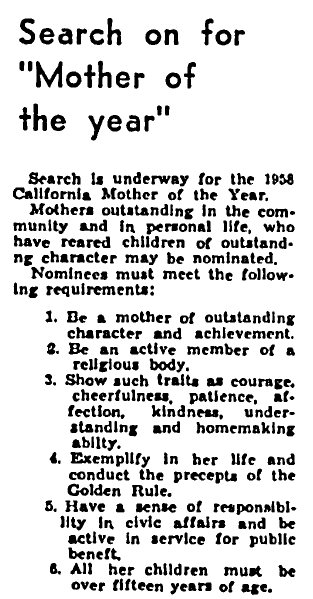 los-angeles-tribune-newspaper-0214-1958-mother-of-the-year article about nominations for the California Mother of the Year award, Los Angeles Tribune newspaper article 14 February 1958