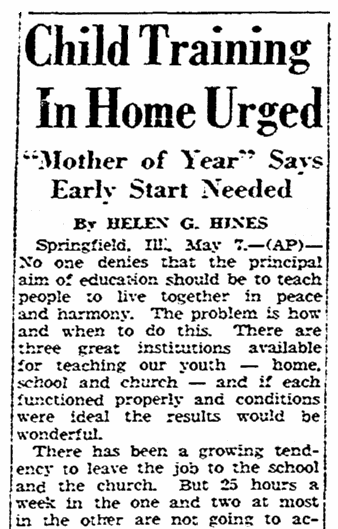 register-republic-newspaper-0507-1948-hines-mother-of-the-year parenting advice from 1948 American Mother of the Year Helen Gartside Hines, Register-Republic newspaper article 7 May 1948