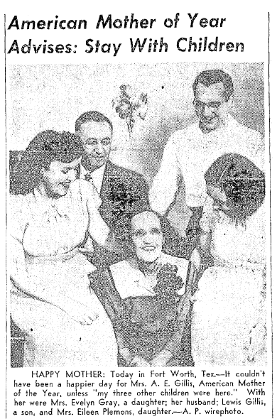seattle-daily-times-newspaper-0425-1949-gillis-mother-of-the-year article about 1949 American Mother of the Year Pearle Owens Gillis, Seattle Daily Times newspaper article 25 April 1949