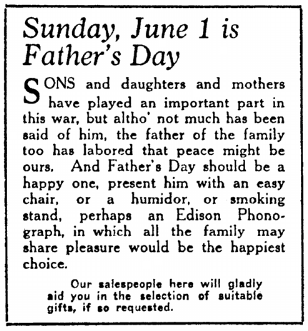 Sunday, June 1 Is Father's Day, Daily Illinois State Journal newspaper advertisement 29 May 1919