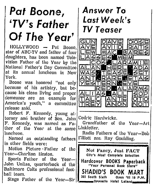 Pat Boone, 'TV's Father of the Year,' Daily Illinois State Journal newspaper article 11 June 1960