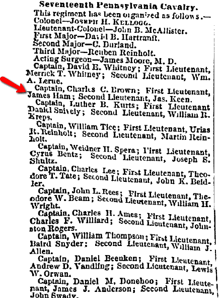 Civil War roster list for Seventeenth Pennsylvania Cavalry, Philadelphia Inquirer newspaper article 21 November 1862