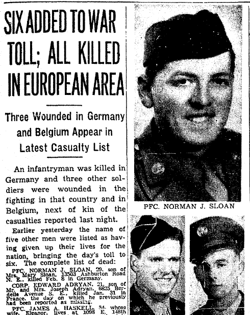 WWII casualty list, Plain Dealer newspaper article 22 February 1945