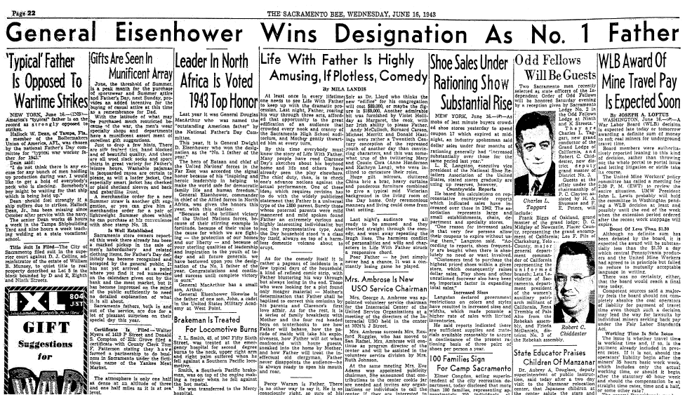 General Eisenhower Wins Designation as No. 1 Father, Sacramento Bee newspaper article 16 June 1943