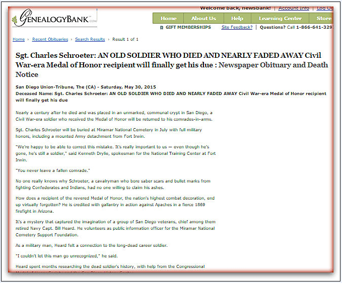 obituary for Charles Schroeter, San Diego Union-Tribune newspaper article 30 May 2015