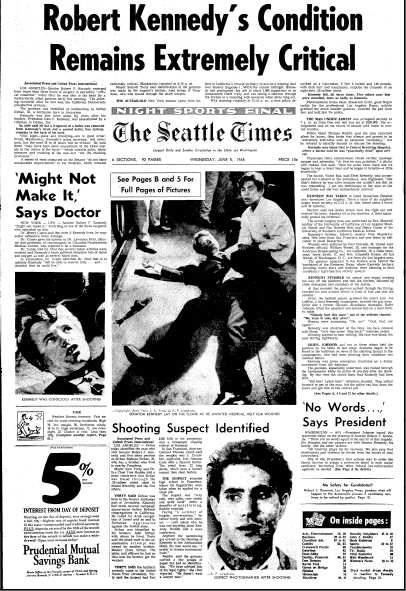 article about the assassination of Senator Robert F. Kennedy, Seattle Times newspaper article 5 June 1968