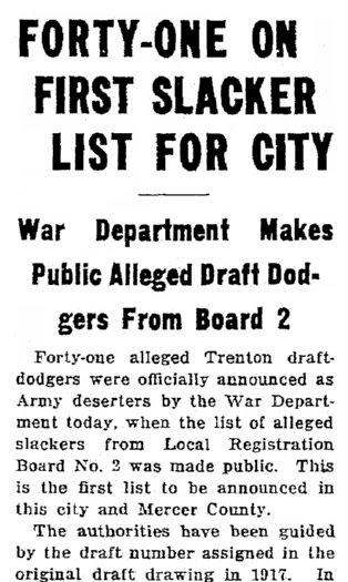 article about WWI draft dodgers, Trenton Evening Times newspaper article 25 May 1921