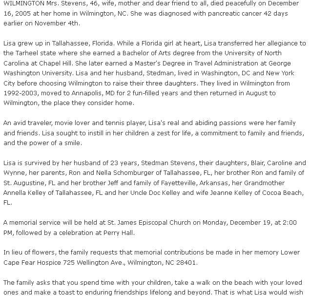 obituary for Lisa Schomburger Stevens, Charlotte Observer newspaper article 19 December 2005