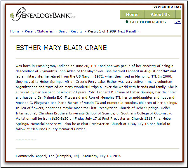 obituary for Esther Crane, Commercial Appeal newspaper article 18 July 2015