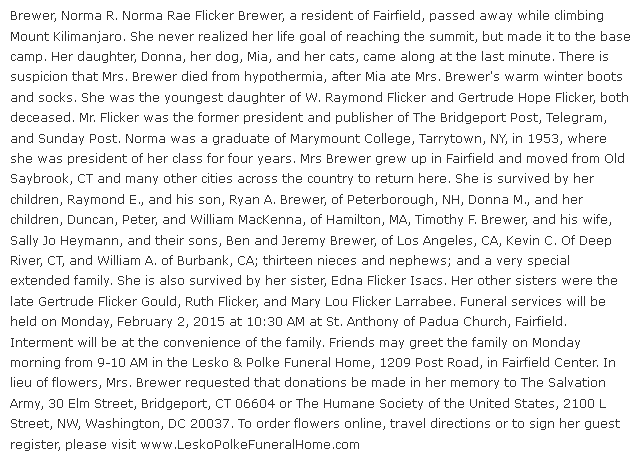 obituary for Norma Brewer, Connecticut Post newspaper article 31 January 2015