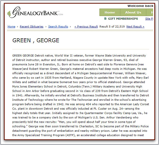 obituary for George Green, Detroit News newspaper article 19 July 2015