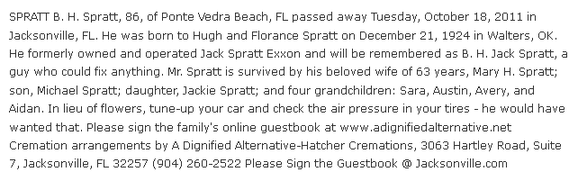 obituary for B. H. Spratt, Florida Times-Union newspaper article 23 October 2011