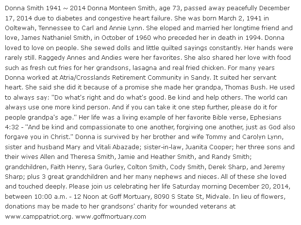 obituary for Donna Smith, Salt Lake Tribune newspaper article 18 December 2014