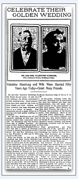 article about the Humburgs celebrating their 50th wedding anniversary, San Jose Mercury News newspaper article 3 April 1904