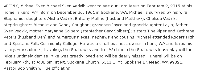 obituary for Michael Sven Vedvik, Spokesman-Review newspaper article 5 February 2015