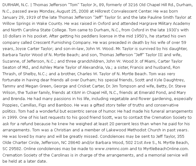 obituary for Thomas J. Taylor Jr., Sun News newspaper article 27 August 2008