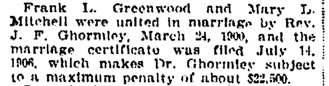 article about Rev. Ghormley being fined for filing marriage certificates late, Oregonian newspaper article 2 September 1906