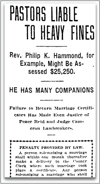 Pastors Liable to Heavy Fines, Oregonian newspaper article 2 September 1906