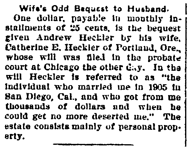 article about Catherine E. Heckler's bequest, Aberdeen Daily News newspaper article 2 November 1908