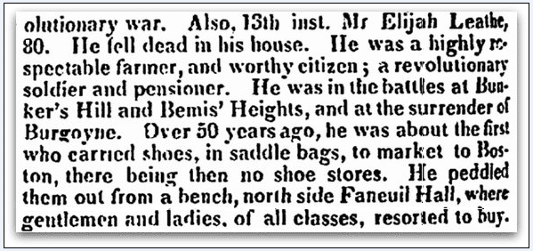 obituary for Elijah Leathe, Boston Traveler newspaper article 22 December 1835