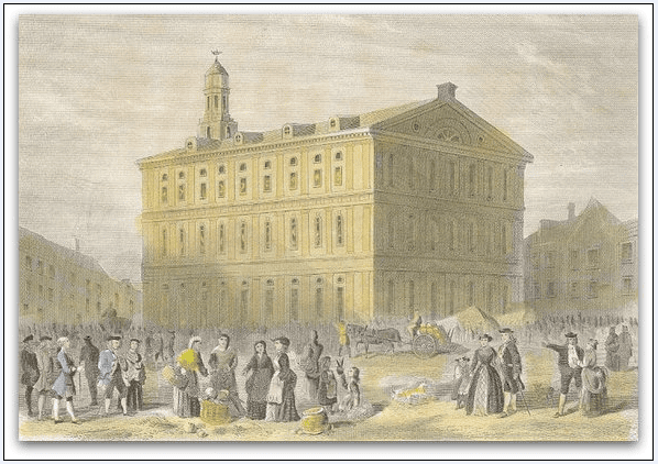 illustration of Boston's Faneuil Hall as it appeared in 1776
